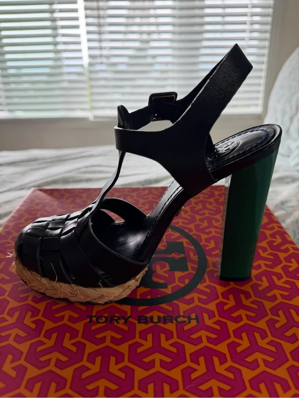 Tory Burch Black T-strap Platform Sandal with Green Block Heel